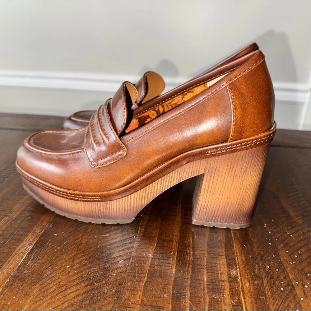 Korks Regina Brown Leather Platform Loafer Heel size 6 Never Worn - Picture 11 of 12